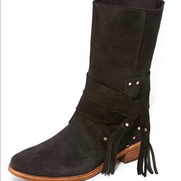 See By Chole Tassel Strap Studded Suede Flat Boots - Size 36.5 - NEW - in Black - Picture 3 of 8